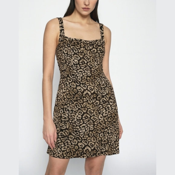 ANN TAYLOR Sleeveless Square Neck Leopard Fitted Knee Length Dress, Ruched Sides - Picture 1 of 15